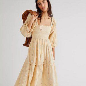 Free People Dahlia Embroidered Maxi Dress Gauzy Smocked Floral Sand Medium New